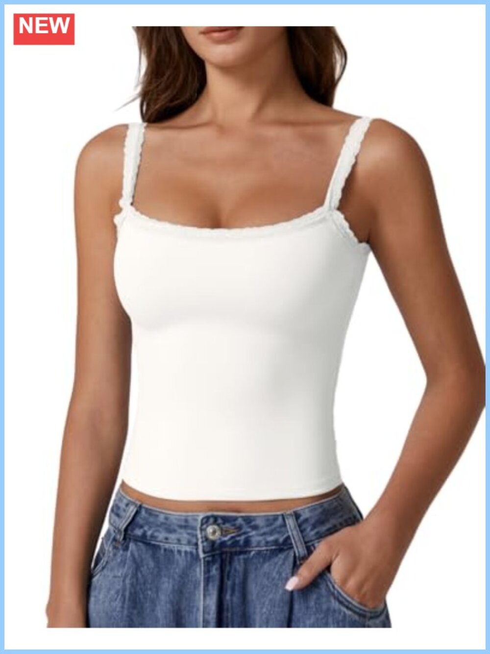 Square Neck Lace Trim Double Lined Slim Fitted Y2K Camisole Tank Top